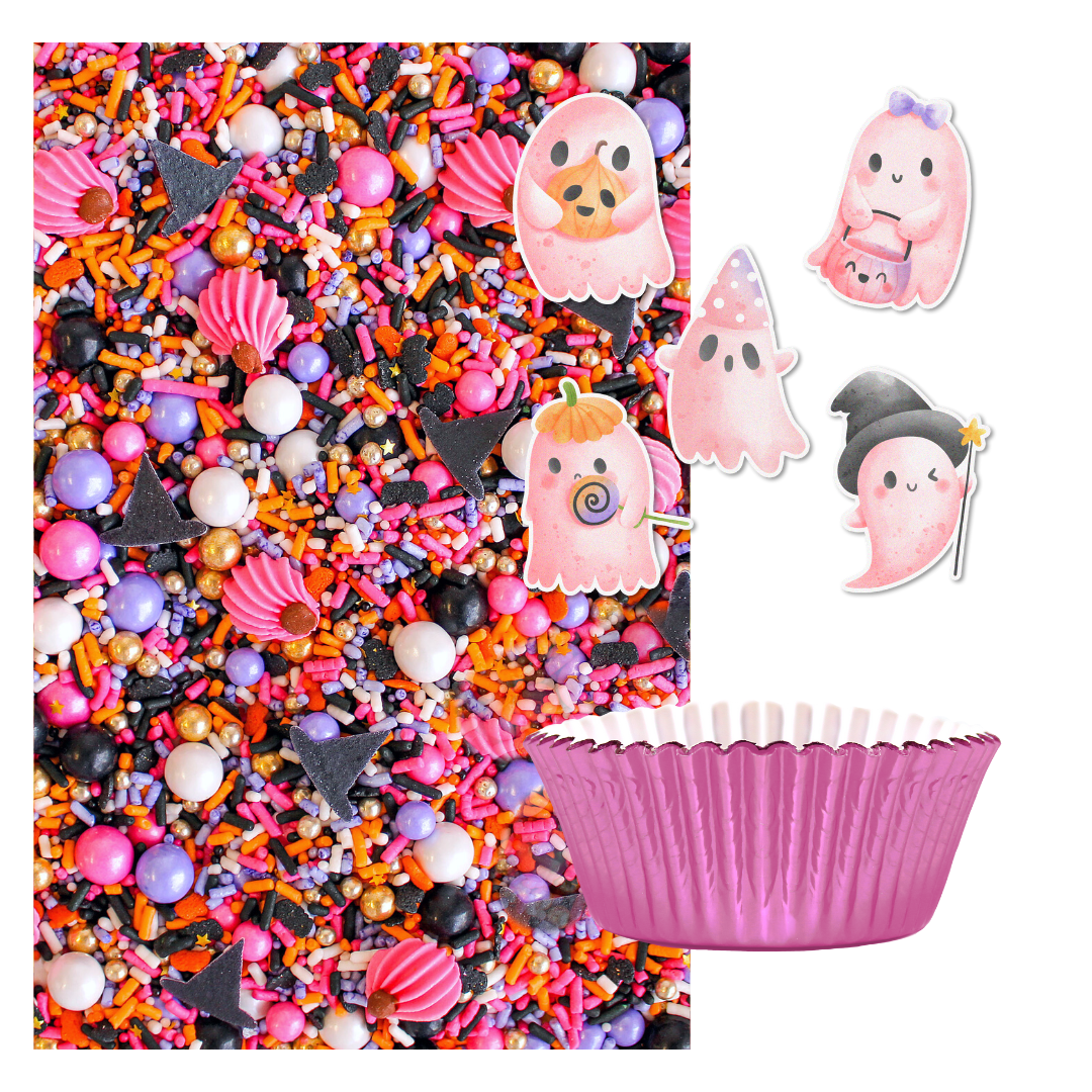 Ghouly Girl Cupcake Kit - showcasing the vibrant pink, black, and lavender color scheme.