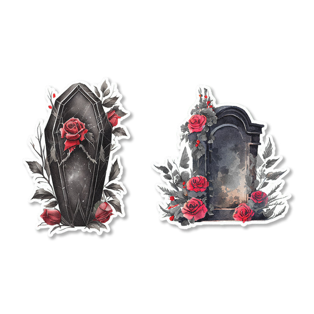 Close-up of Gothic Graveyard Edible Cupcake Topper - an intricate collection featuring coffins, tombstones, and roses, perfect for Halloween treats.