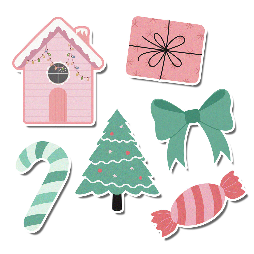 A set of 12 Peppermint Lane Edible Cupcake Toppers featuring pink houses with sparkling lights, Christmas trees, and candy canes.