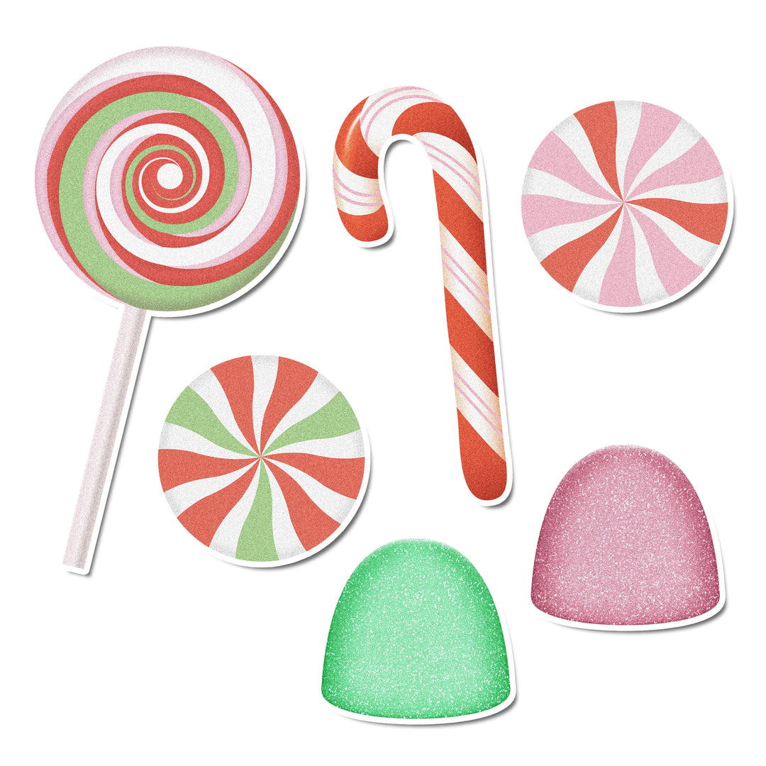 A set of 12 Christmas Candy Edible Cupcake Toppers featuring gumdrops, candy canes, and lollipops in festive holiday colors.