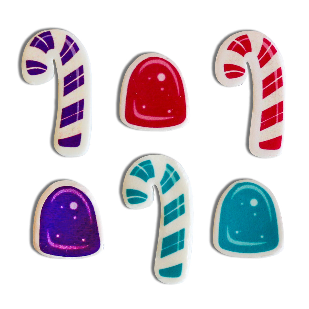 A dozen fondant decorations in vibrant purple, red, and teal, adorned with candy canes and gumdrops – the ultimate Christmas party for your cakes and cupcakes!