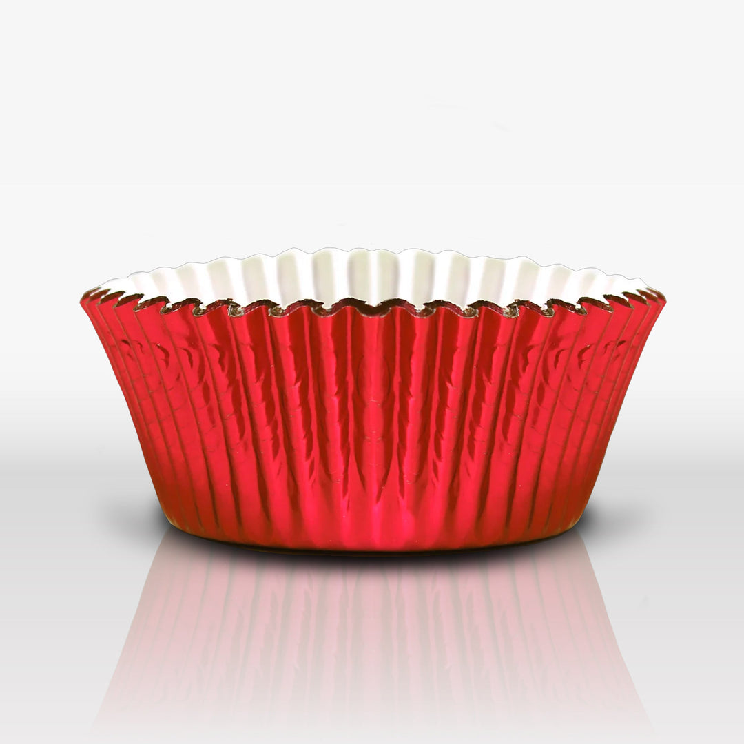 Set of red metallic cupcake liners featuring a shiny finish, ideal for enhancing any baking occasion and adding charm to your cupcake creations.
