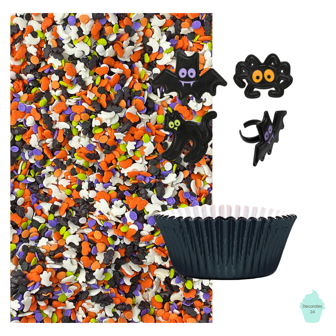 Halloween Characters Cupcake Kit - a spooky kit featuring Trick or Treat Confetti Sprinkle Mix, Classic Halloween Cupcake Rings, and Metallic Black cupcake liners for 24 fun and colorful Halloween treats.