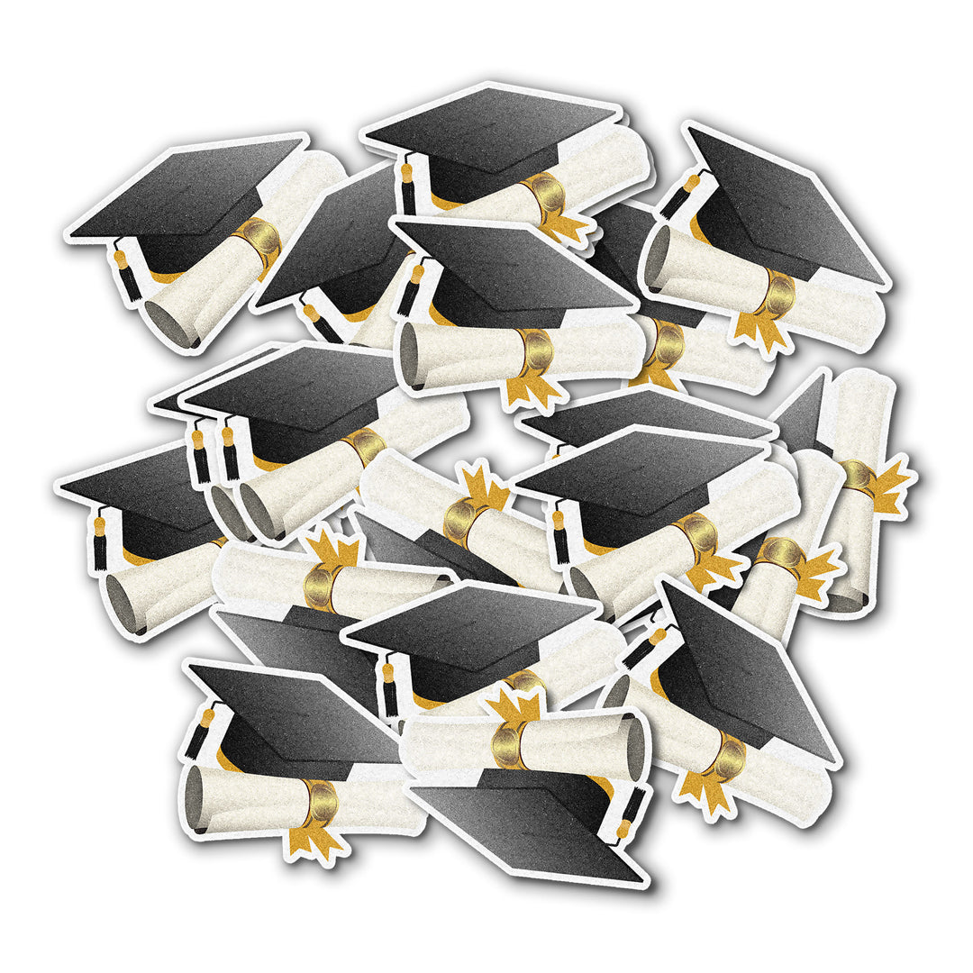 Graduation Cap & Scroll Wafer Sprinkles in black and white, perfect for decorating cakes, cupcakes, and cookies for graduation celebrations.