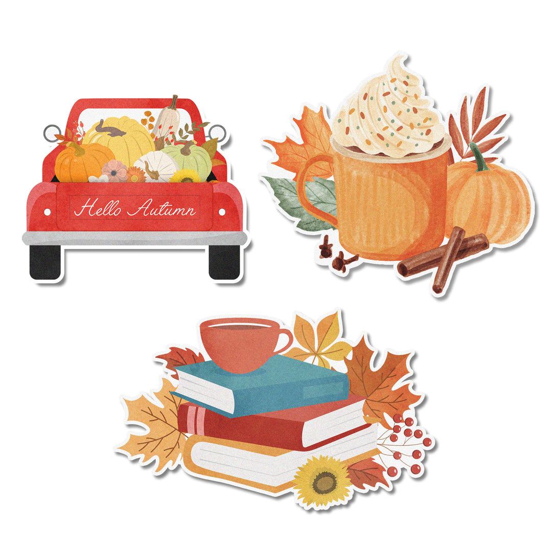 Hello Autumn Edible Cupcake Toppers, featuring a vintage truck, latte cup, books, leaves, and pumpkins.