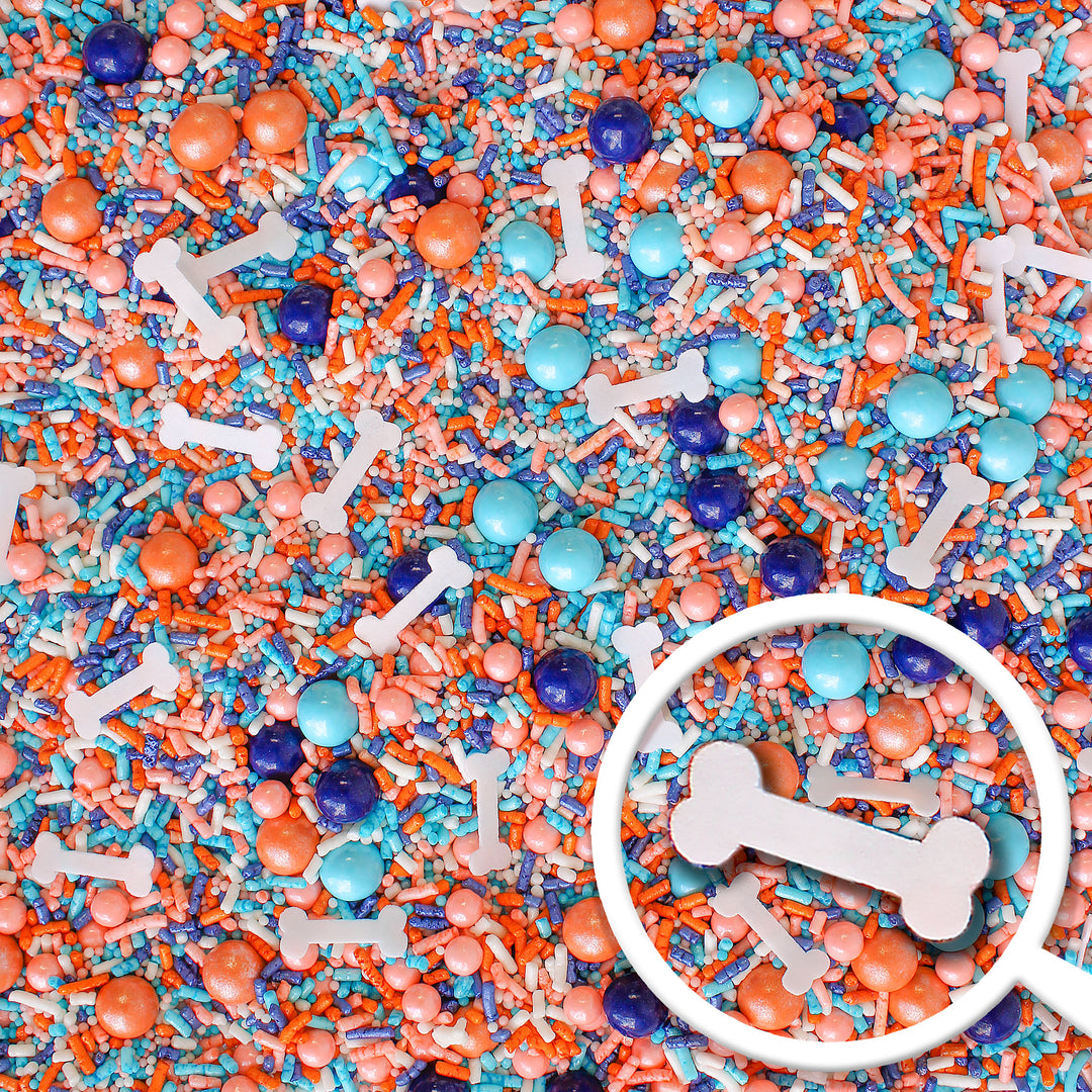 Oh Biscuits! Sprinkle Mix - Vibrant blend of blue and orange sprinkles with wafer paper dog bones