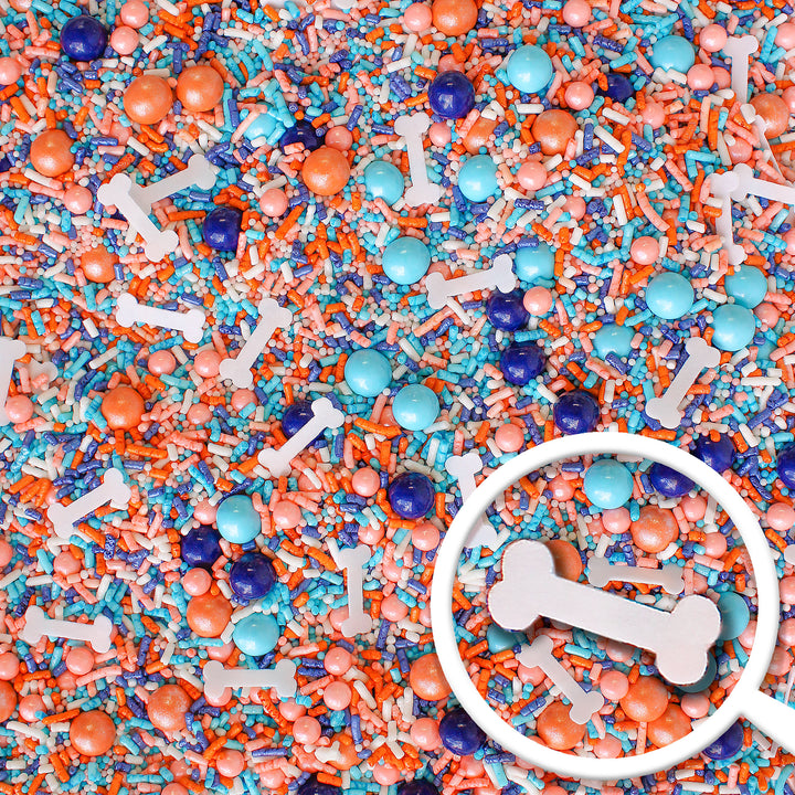 Oh Biscuits! Sprinkle Mix - Vibrant blend of blue and orange sprinkles with wafer paper dog bones