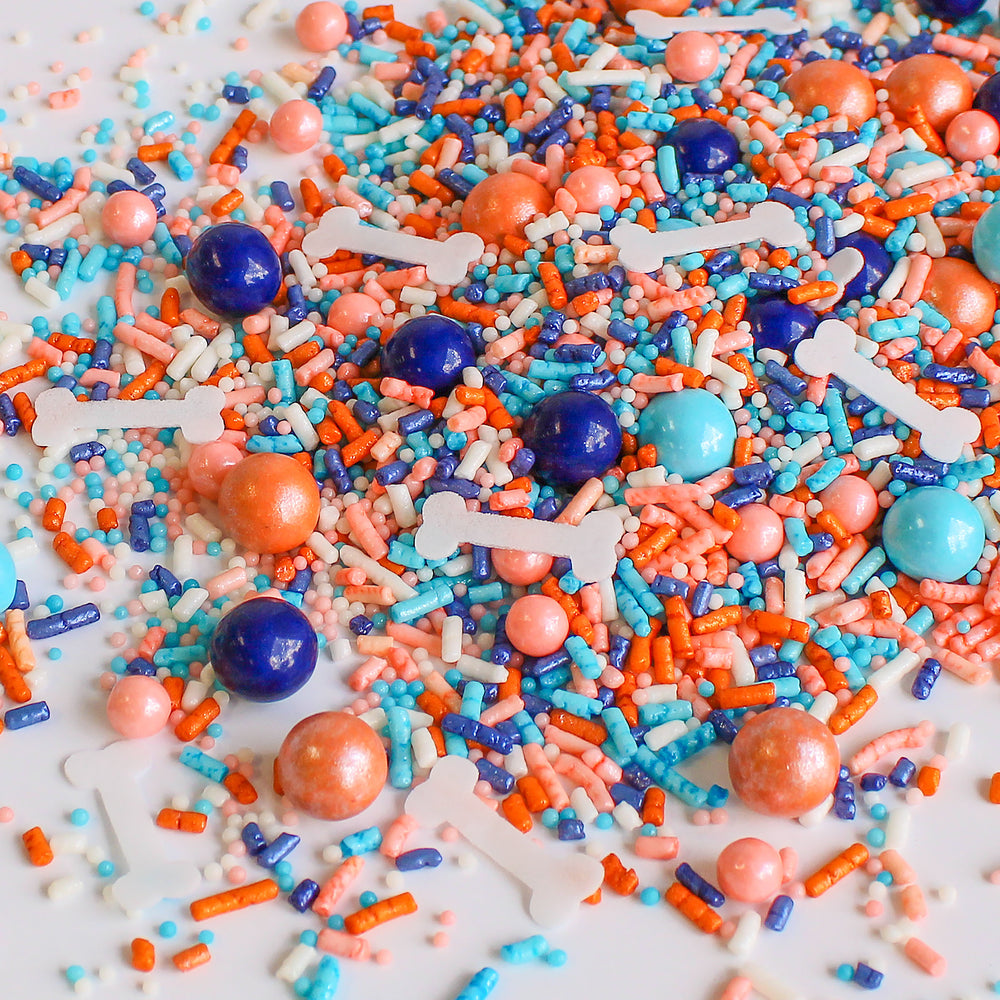 Oh Biscuits! Sprinkle Mix - Vibrant blend of blue and orange sprinkles with wafer paper dog bones