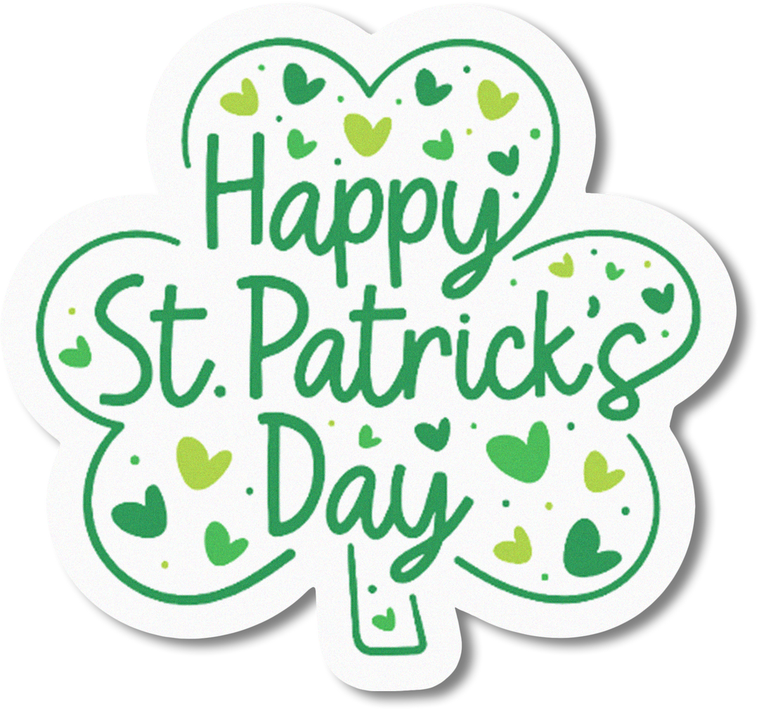 Shamrock-shaped Happy St. Patrick’s Day Edible Cupcake Topper with green and white hearts, perfect for decorating festive cupcakes, cakes, and cookies.