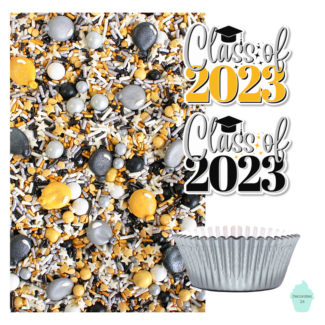A photo of Class of 2023 Cupcake Kit, featuring a sprinkle mix, 24 edible wafer toppers with 2023 design, and silver cupcake liners for a graduation party.