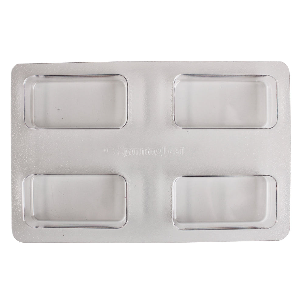 A plastic mold with four rectangular indentations, each holding a Biscoff cookie embedded in chocolate.