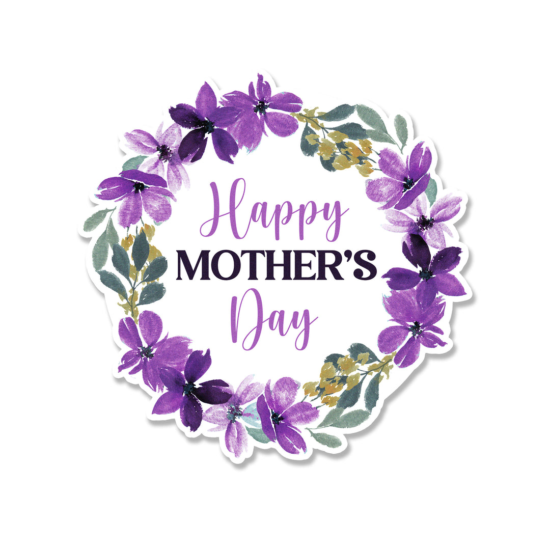 Image of a set of 12 Purple Happy Mother's Day Edible Cupcake Toppers, featuring a beautiful shade of purple and elegant script font reading "Happy Mother's Day", placed on top of cupcakes.