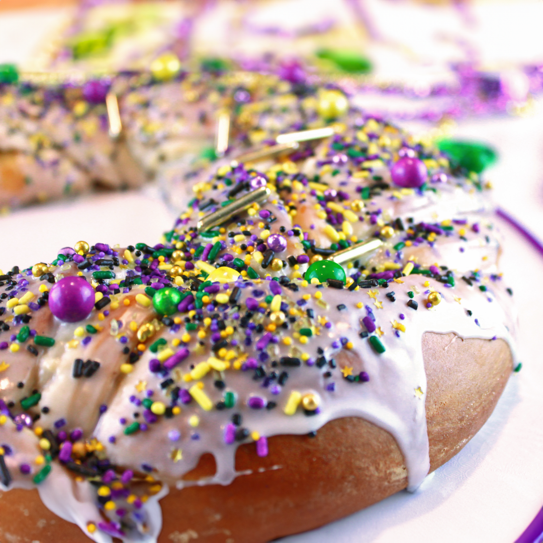 Mardi Gras King Cake Topped With Fat Tuesday Sprinkle Mix