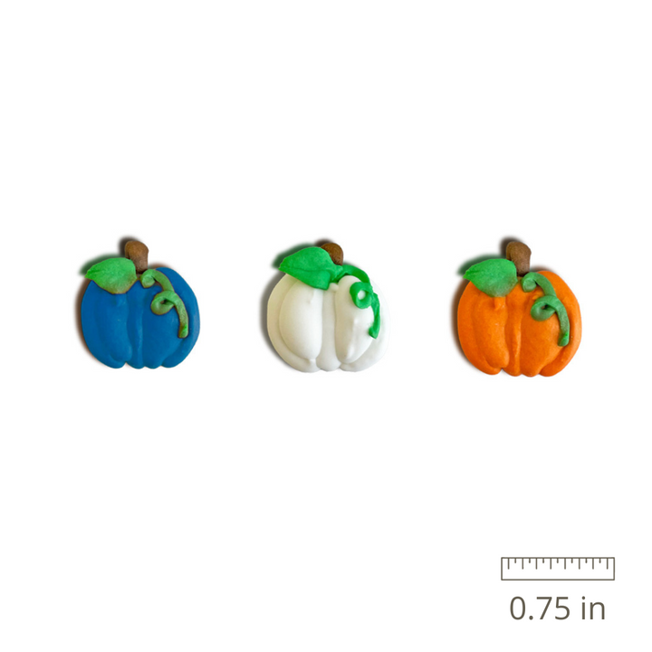 Close-up of Royal Icing Glam Pumpkins – 12 exquisite hand-piped blue, white, and orange pumpkins for upscale fall-themed treats.