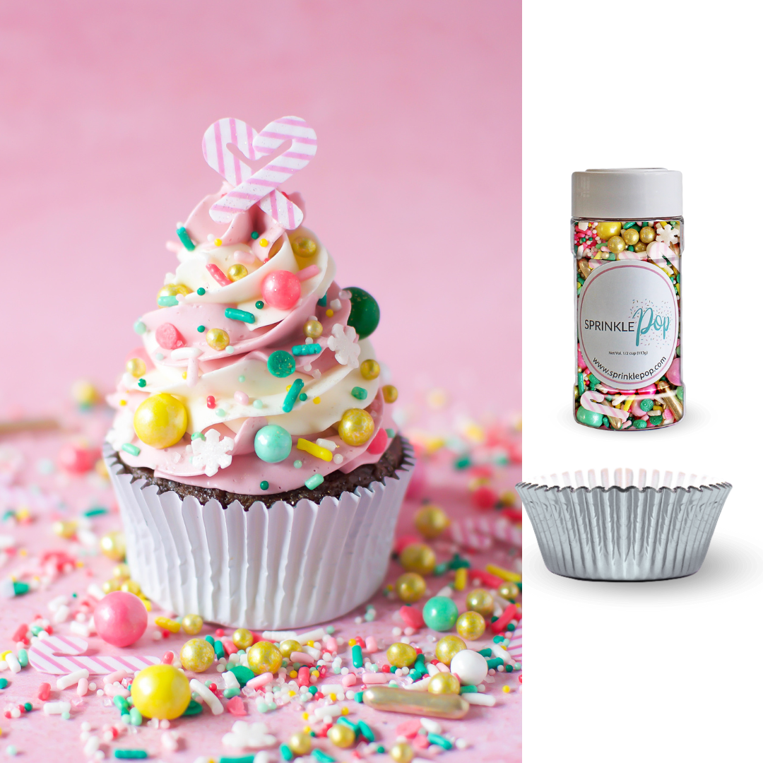 Little Cindy's Cupcake Kit featuring Little Cindy's Christmas Sprinkle Mix and metallic silver cupcake liners. A whimsical addition to your holiday baking.
