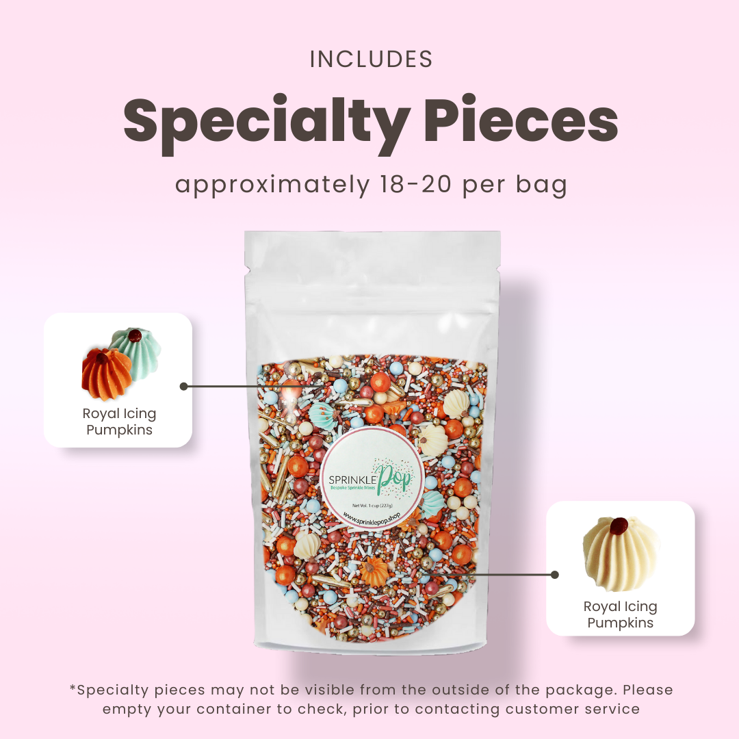 Pumpkin Carriage Sprinkle Mix - a magical blend of colors and hand-piped royal icing pumpkins to enchant your fall desserts.