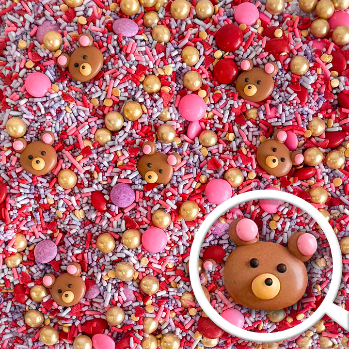 Colorful Beary in Love Sprinkle Mix featuring bear shapes in pink, purple, gold, and red.