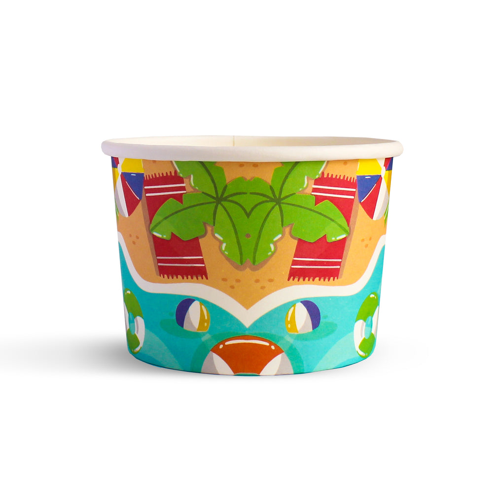 Tropical Ice Cream Cups - A collection of vibrant cups with beach, watermelon, pool float, flamingo, flower, and pineapple designs. Perfect for enjoying refreshing summer ice cream treats.
