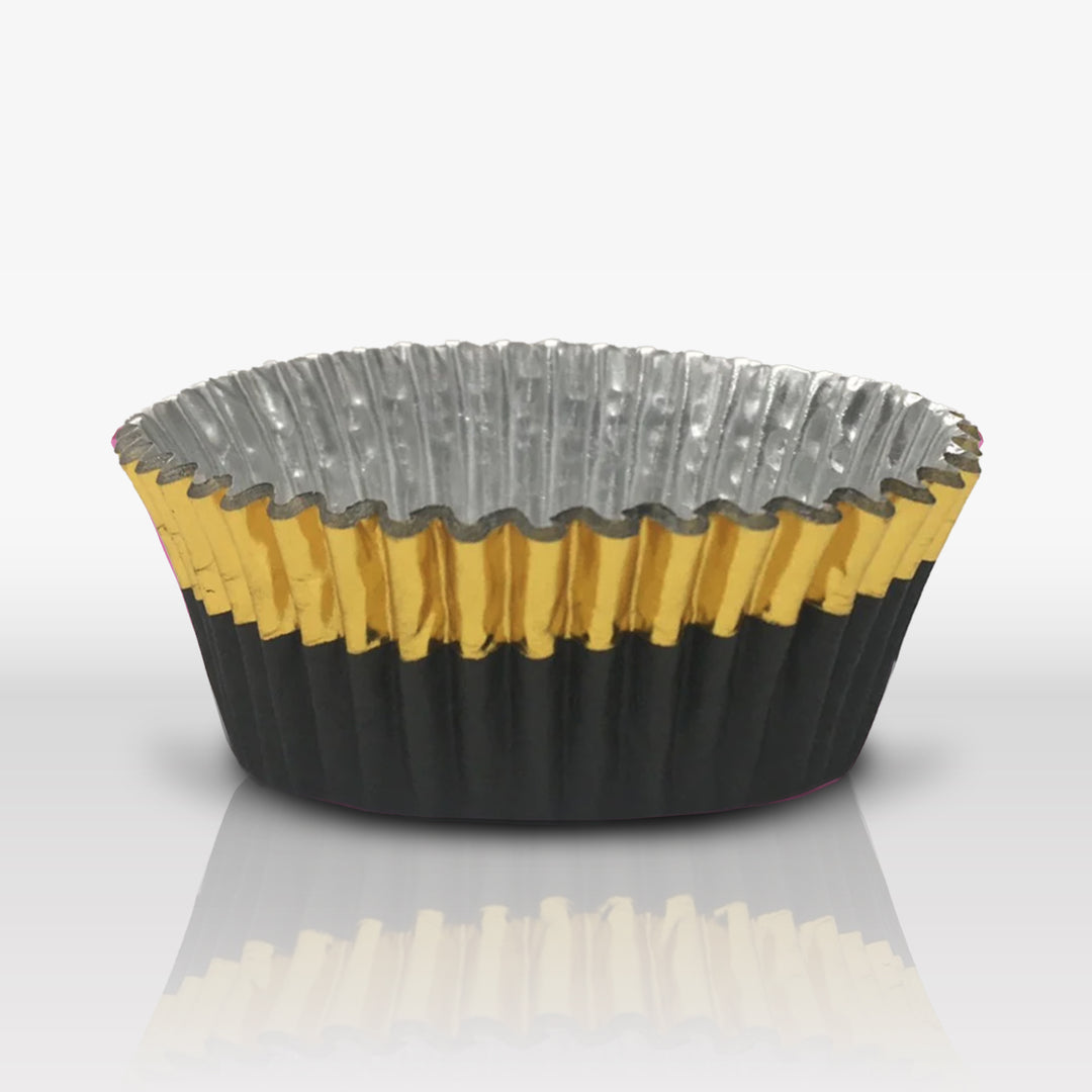 Set of 24 Black & Gold Metallic Cupcake Liners for DIY baking and cake decorating.