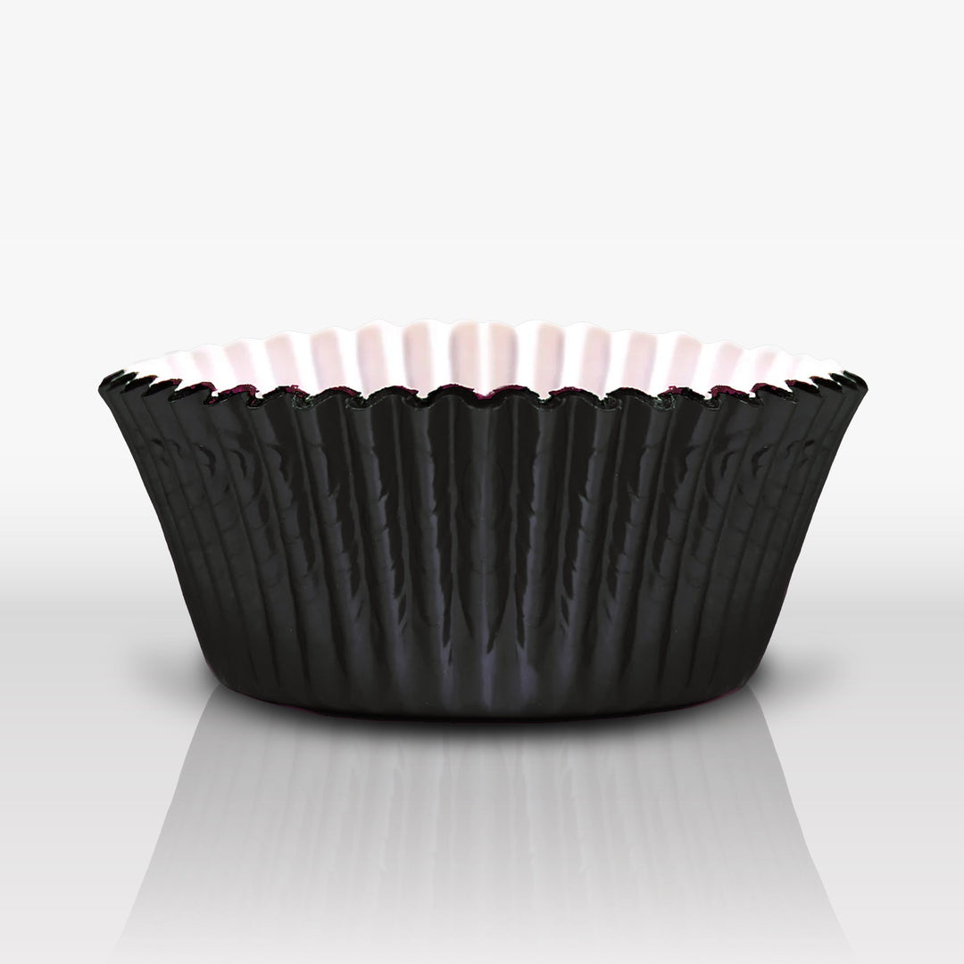 Set of 24 Black Metallic Cupcake Liners for DIY baking and cake decorating.