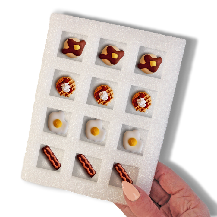 Breakfast Assortment Royal Icing Decorations - adorable mini eggs, waffles, pancakes, and bacon to make your desserts even more delightful!