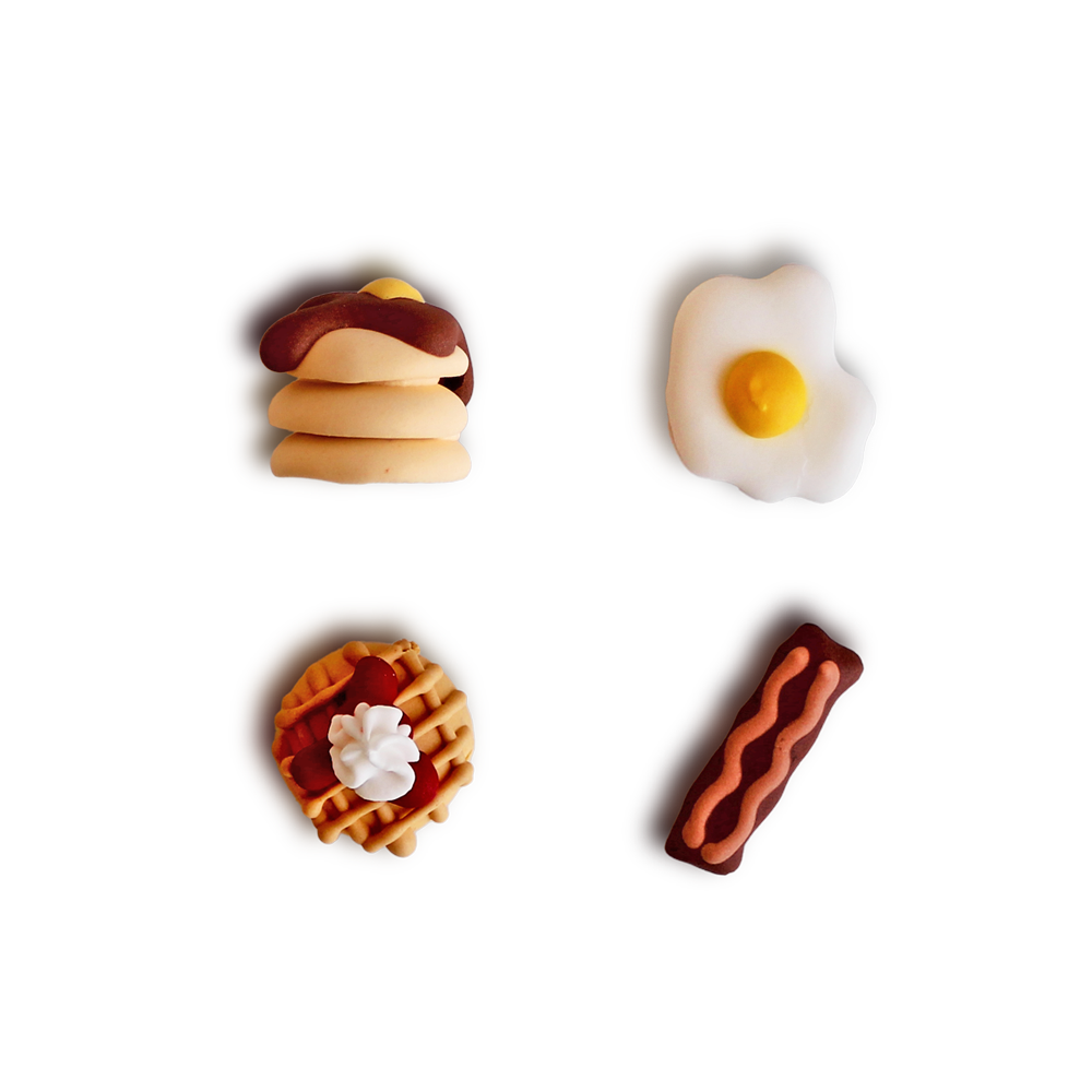  Breakfast Assortment Royal Icing Decorations - adorable mini eggs, waffles, pancakes, and bacon to make your desserts even more delightful!
