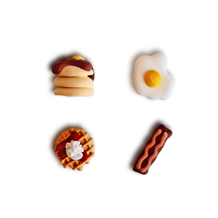  Breakfast Assortment Royal Icing Decorations - adorable mini eggs, waffles, pancakes, and bacon to make your desserts even more delightful!