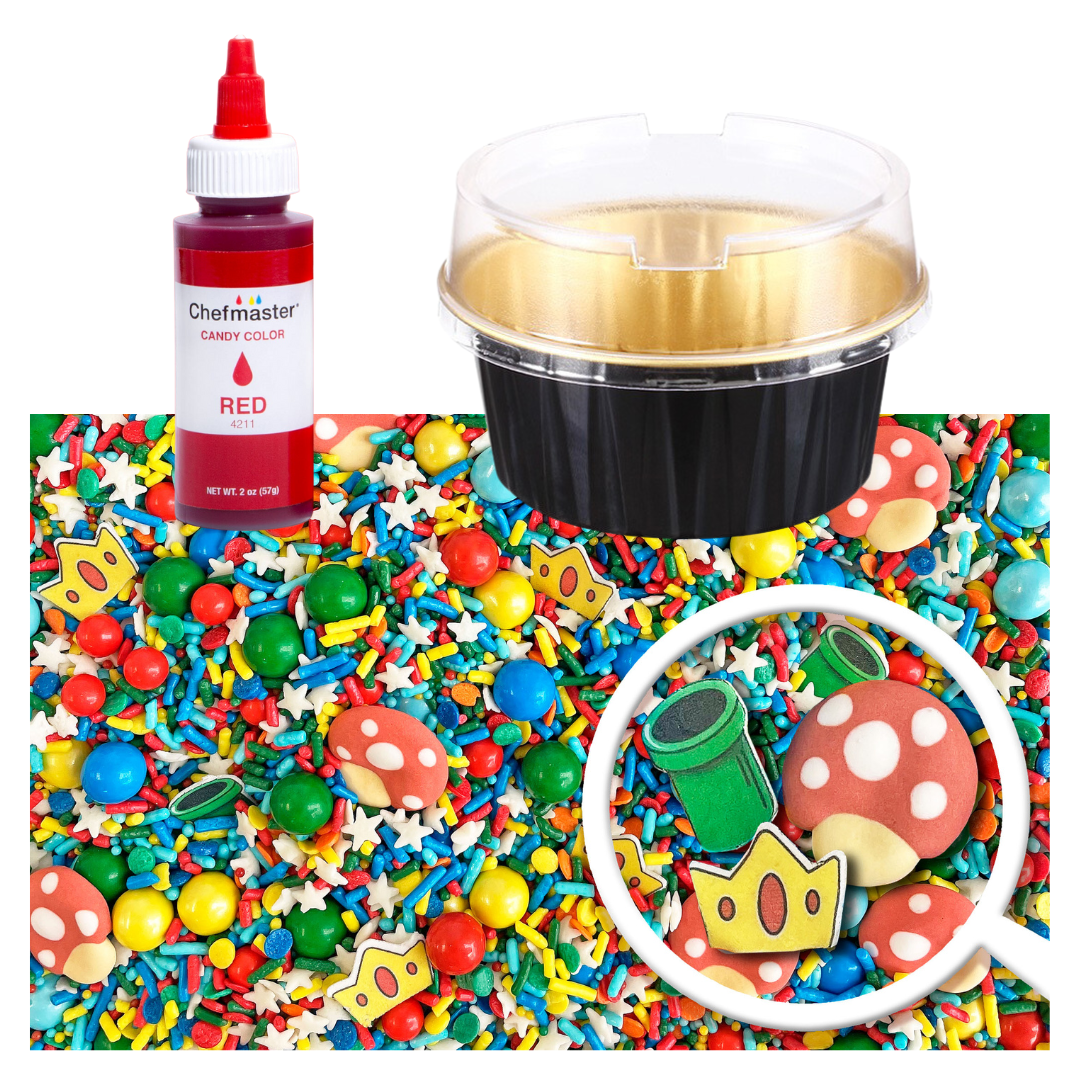  Image of Plumber Party Mini Cakes Bundle, including 12 black and gold mini round pans, red gel color, and "It's Me" Sprinkle Mix.
