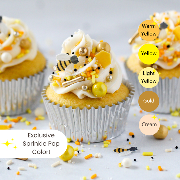 Honey Bee Sprinkle Mix - Warm yellow, gold, and cream sprinkle mix with wafer paper bees and honeycomb inclusions. Perfect for summer-inspired cakes, cookies, and cupcakes. 🐝🌻