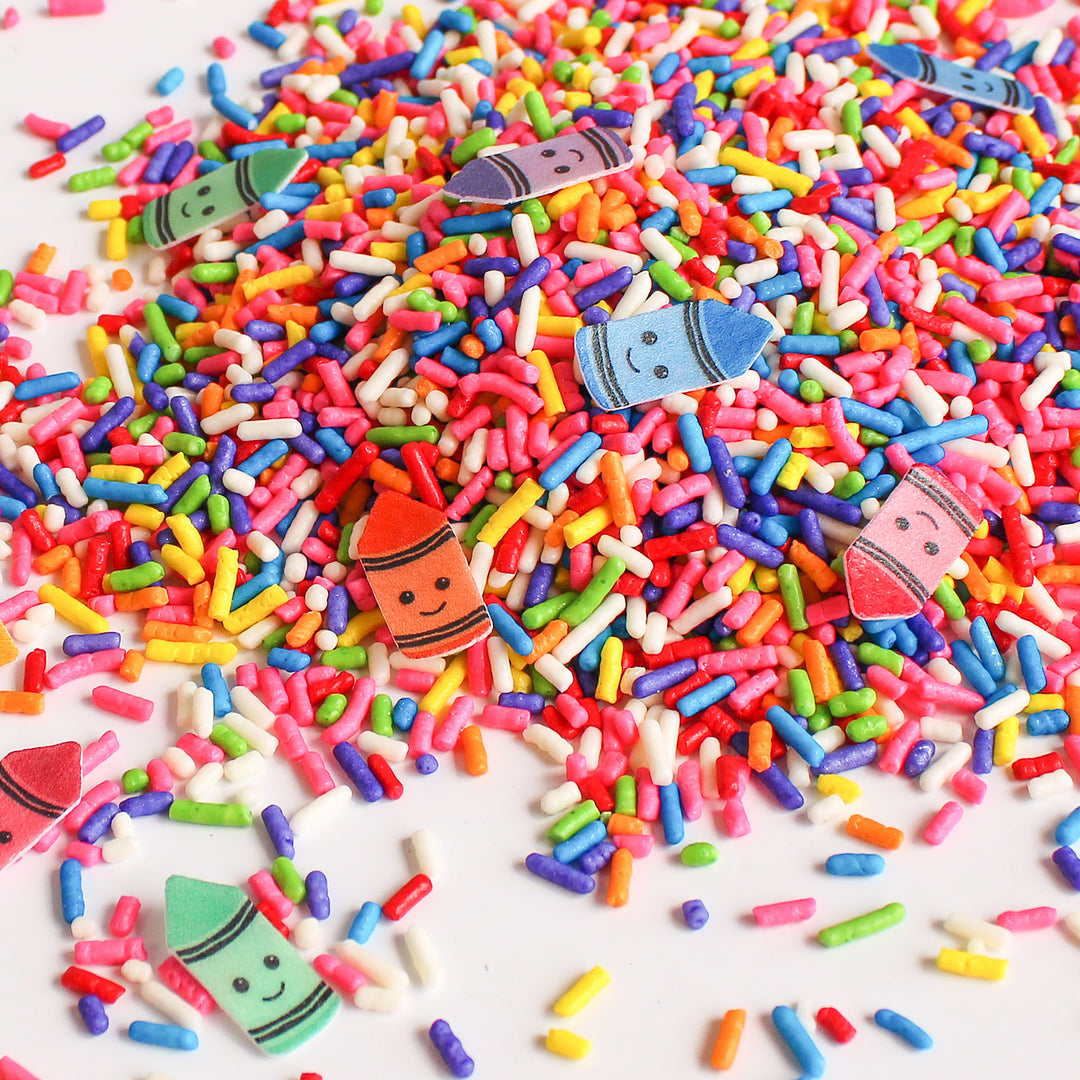 Crayon Sprinkle Mix - Rainbow-Colored Sprinkles with Wafer Paper Crayons