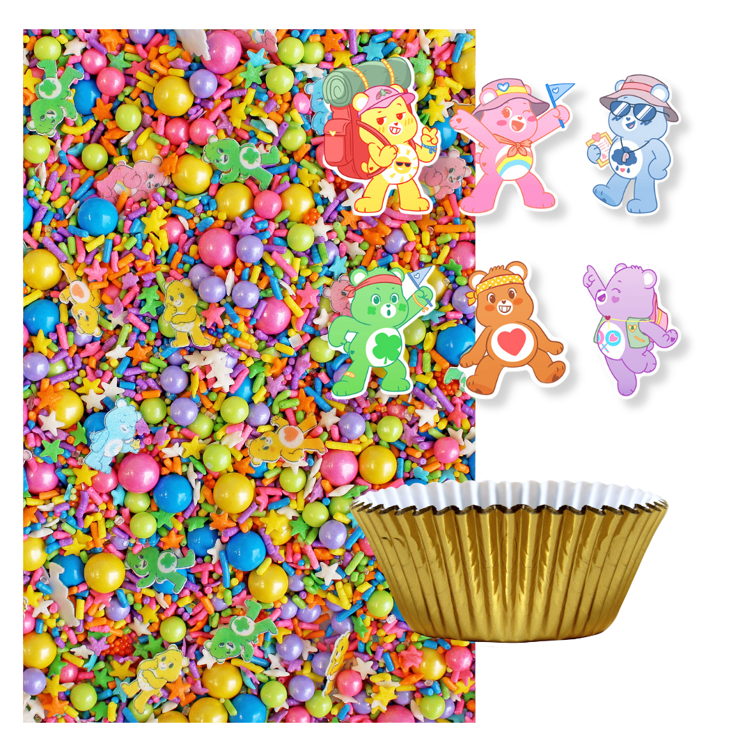 Camp Care Bears cupcake kit featuring Unlock the Magic Sprinkle Mix, Camp Care Bears edible cupcake toppers, and cupcake liners.