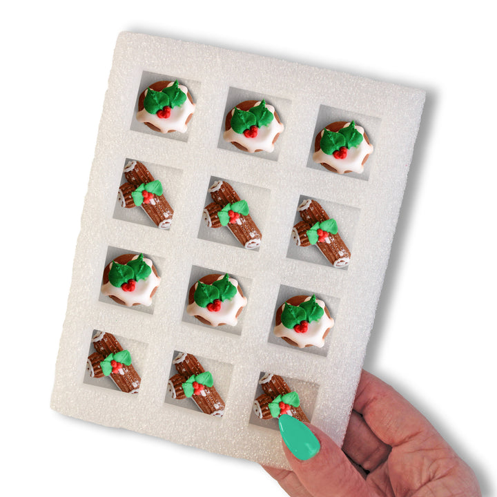 Yule Logs & Figgy Puddings Royal Icing Decorations - Set of 12 hand-piped Christmas-themed designs for festive baking