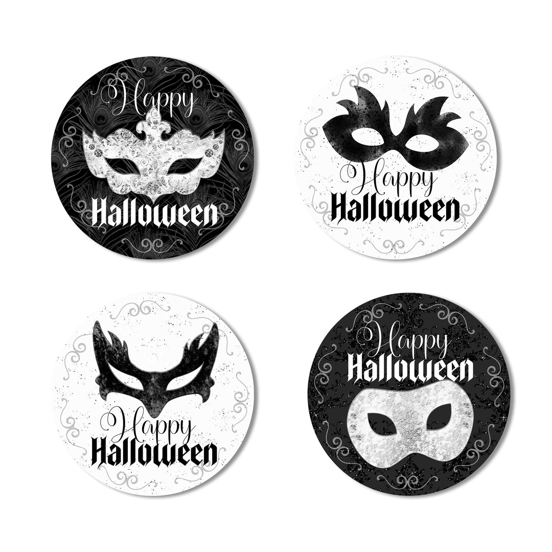 Close-up view of Masquerade Edible Cookie Toppers in elegant black and white, perfect for Halloween-themed cake decorating.