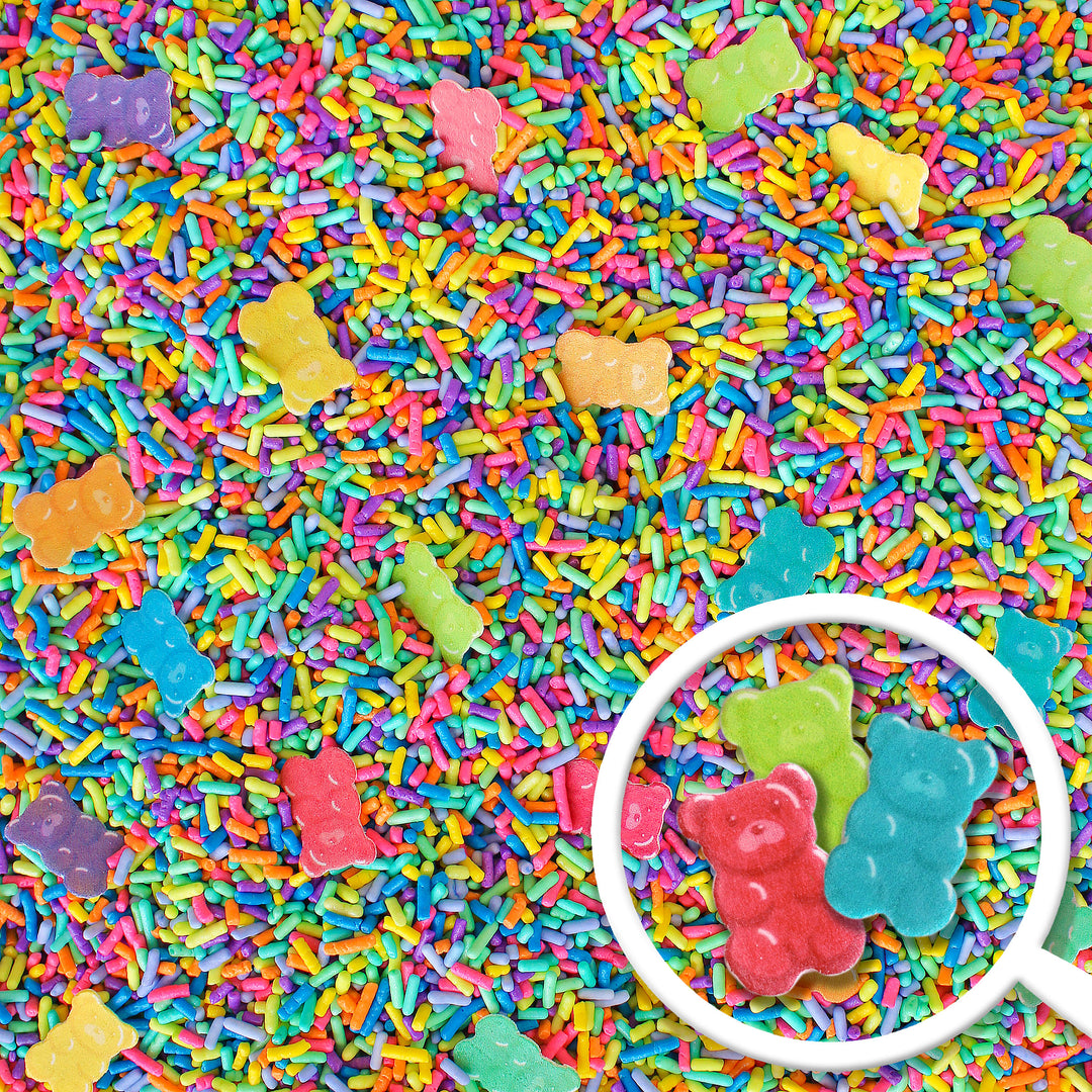 A close-up photo of Gummy Bear Sprinkle Mix with a variety of colorful sprinkles, including specialty wafer gummy bears.