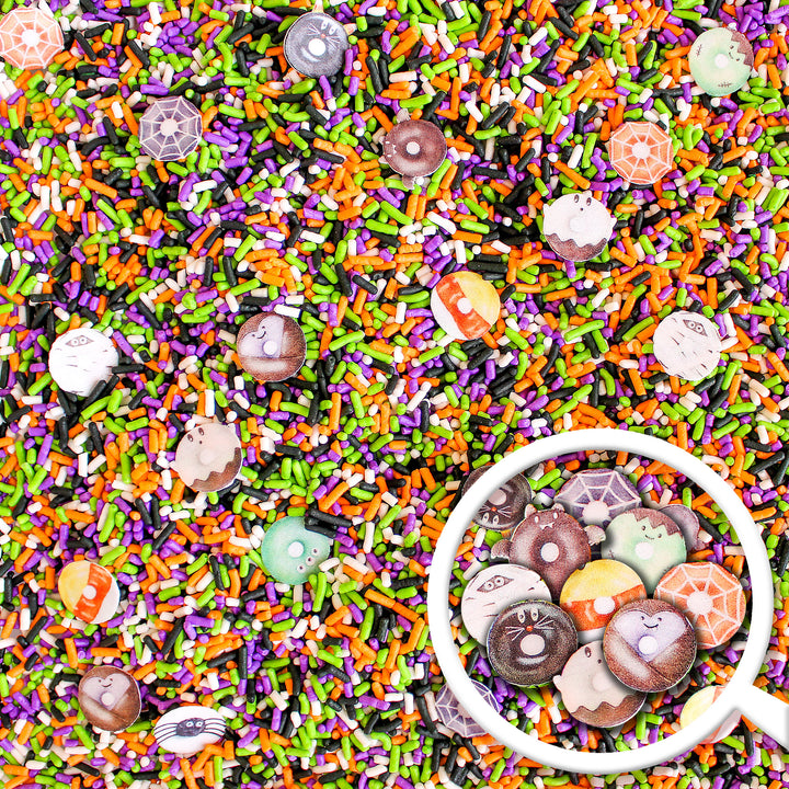Halloween Donuts Sprinkle Mix - Purple, orange, green, and black sprinkle mix with wafer donuts.