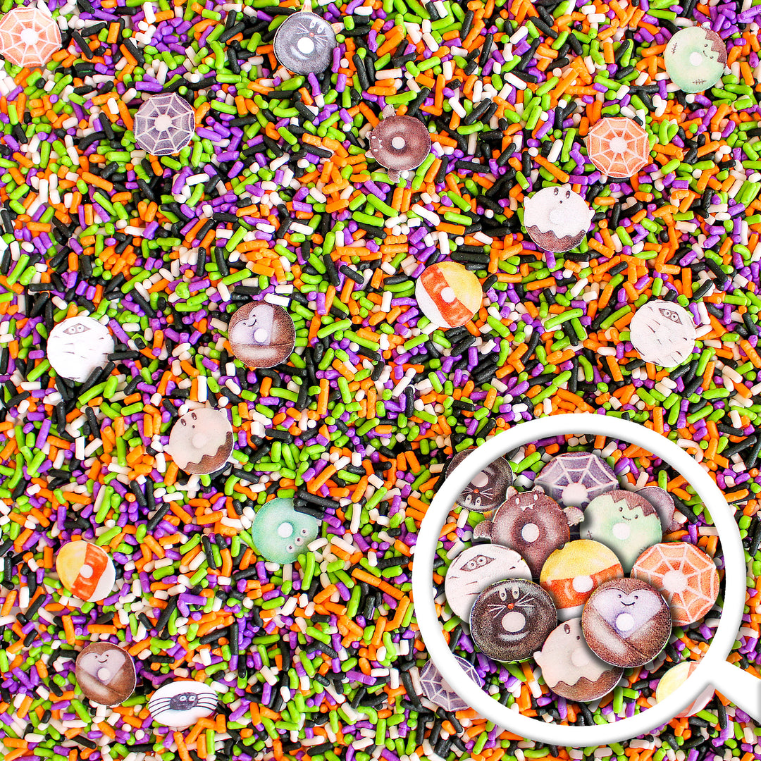 Halloween Donuts Sprinkle Mix - Purple, orange, green, and black sprinkle mix with wafer donuts.