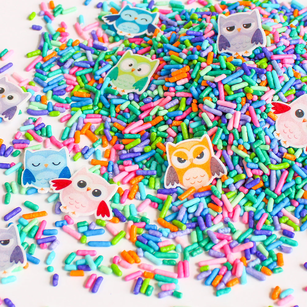 Owl Sprinkle Mix - A vibrant assortment of rainbow-colored sprinkles featuring cute wafer owl decorations.