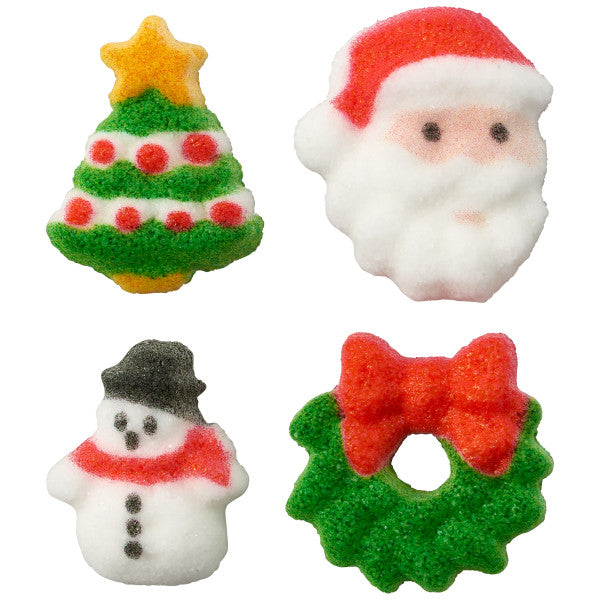 A dozen Christmas Charm Pressed Sugar Decorations featuring festive Christmas characters—Santa, Snowman, Christmas Tree, and Wreath.