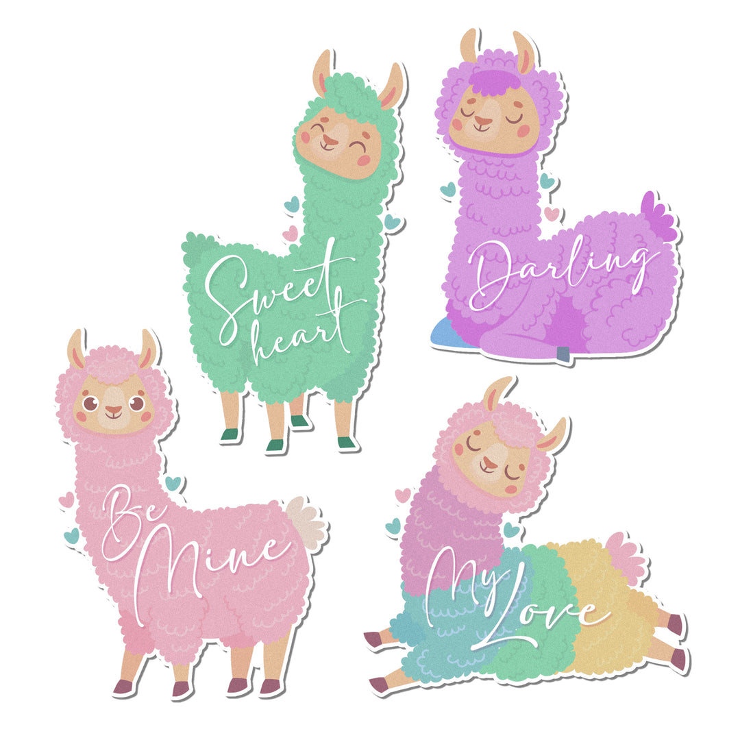 A set of 12 adorable cupcake toppers featuring llamas with Valentine's messages, made from high-quality cardstock wafer paper and edible inks.