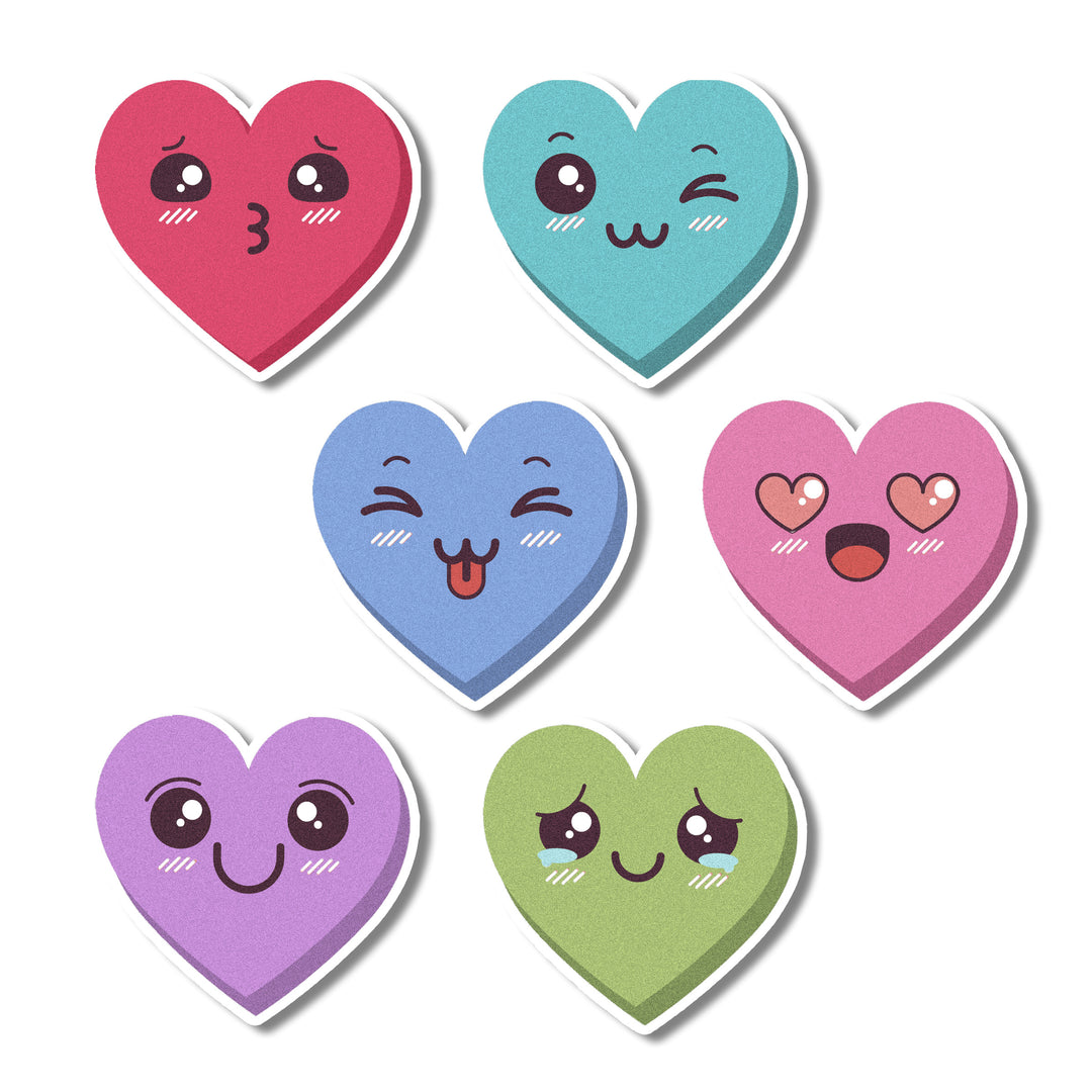A set of 12 Kawaii Hearts Edible Cupcake Toppers in vibrant colors, each with a different facial expression, perfect for Valentine's Day treats. Made from high-quality cardstock wafer paper and edible inks, with a long shelf life of 5 years.
