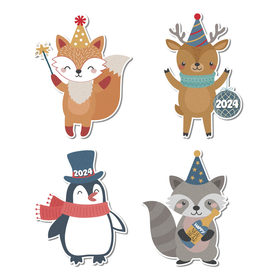 A set of 12 adorable animal cupcake toppers, including raccoons, penguins, foxes, and deer wearing party hats to celebrate 2024, made from high-quality cardstock wafer paper and edible inks.