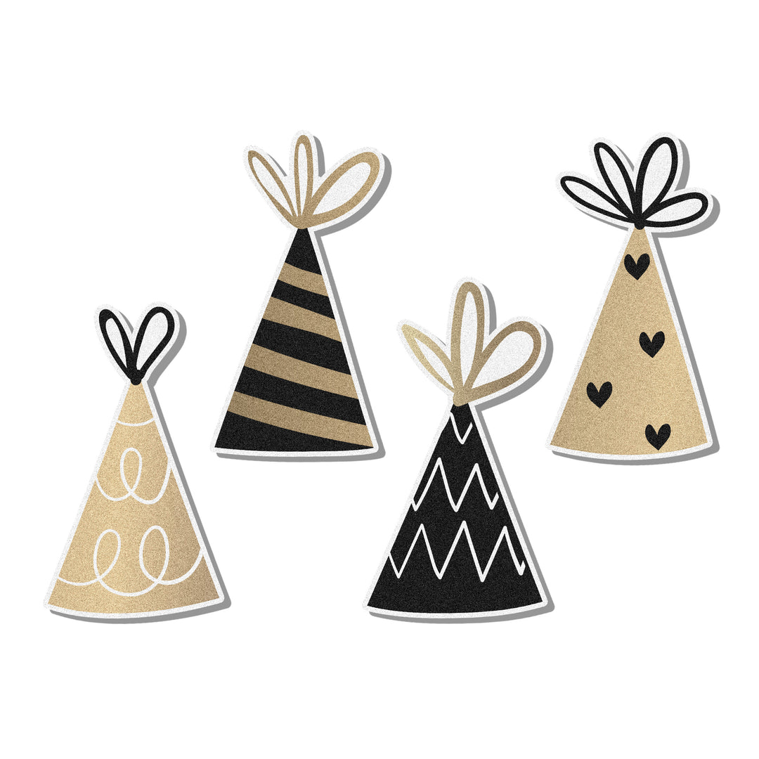 A set of 12 NYE Party Hats Edible Cupcake Toppers in elegant black and gold designs, perfect for New Year's Eve celebrations. Crafted from premium cardstock wafer paper and edible inks.
