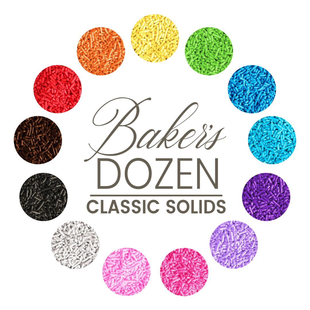 A collection of Baker’s Dozen Sprinkles in 13 vivid solid colors, with 2oz of each mix, perfect for adding a burst of joy and flavor to your baked treats.