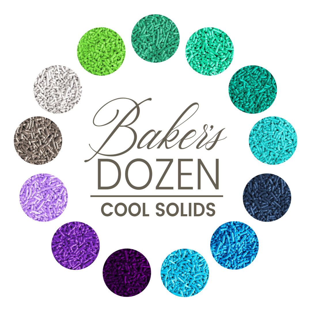 Baker’s Dozen Sprinkles Cool Solids, a collection of 2oz sprinkles in cool hues, perfect for adding a refreshing touch to your baked treats.
