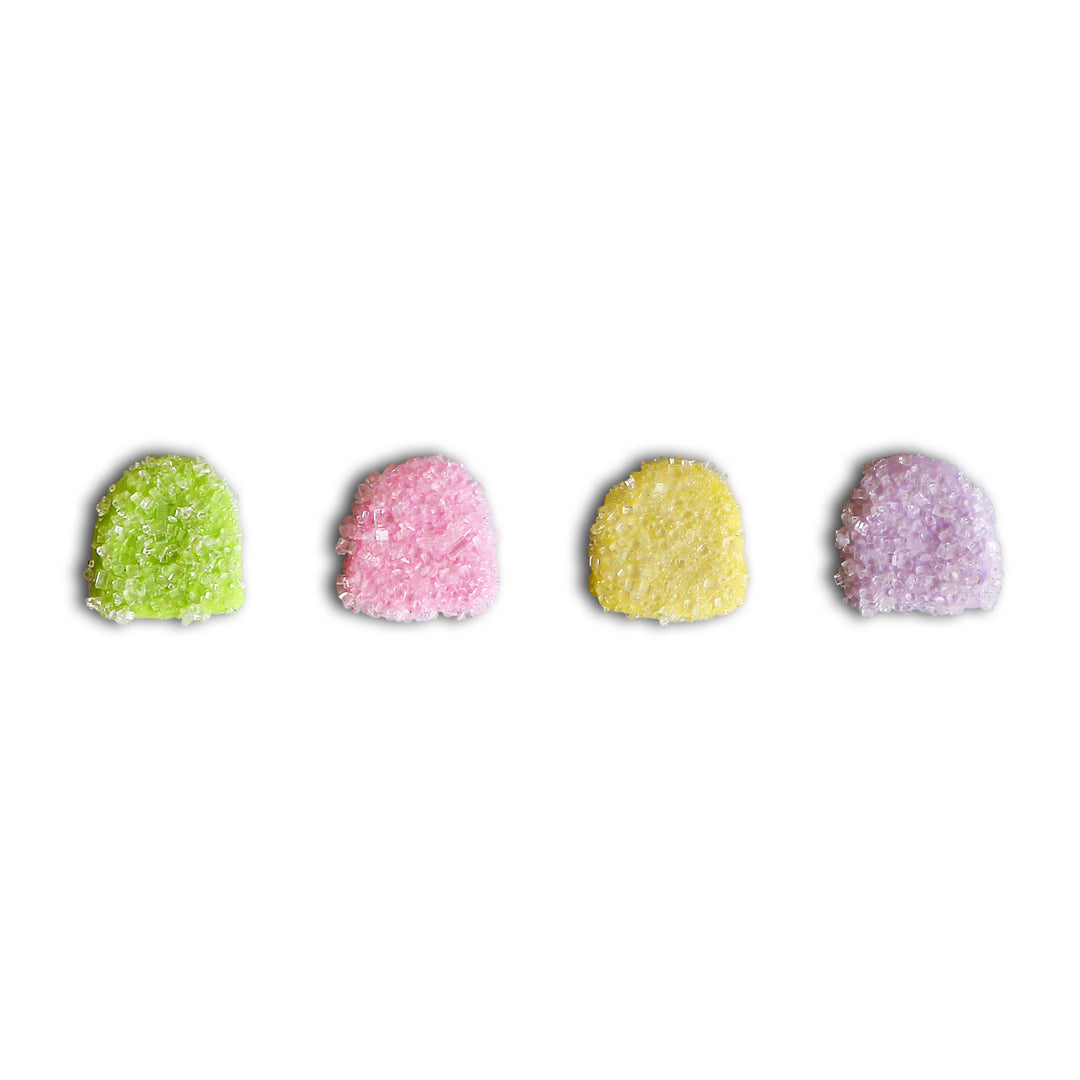 A set of 12 hand-piped royal icing gumdrops in vibrant green, pink, yellow, and purple colors, perfect for decorating your holiday treats.