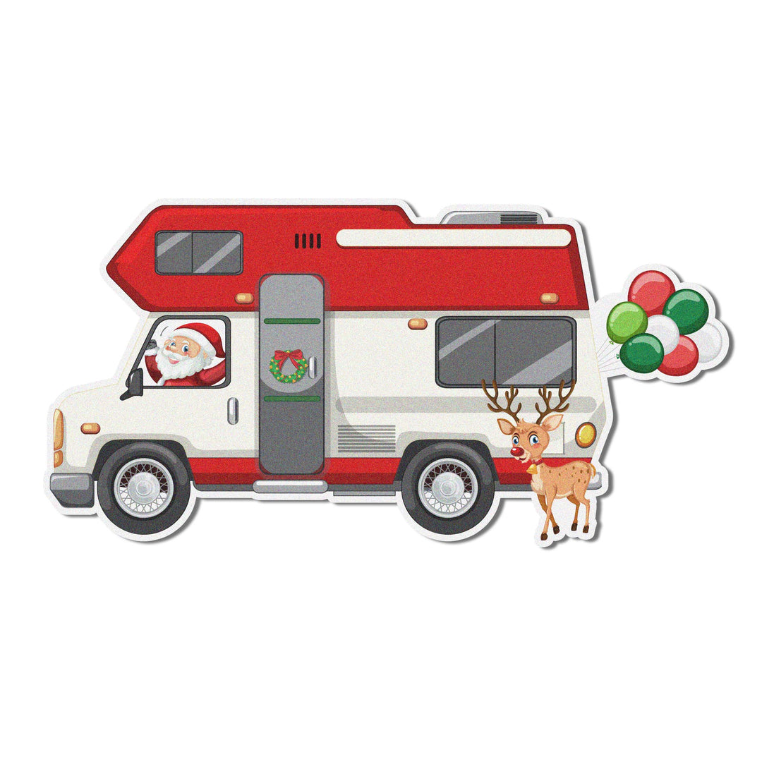 dible Santa's Coming to Town cupcake toppers featuring Santa in a retro RV. 