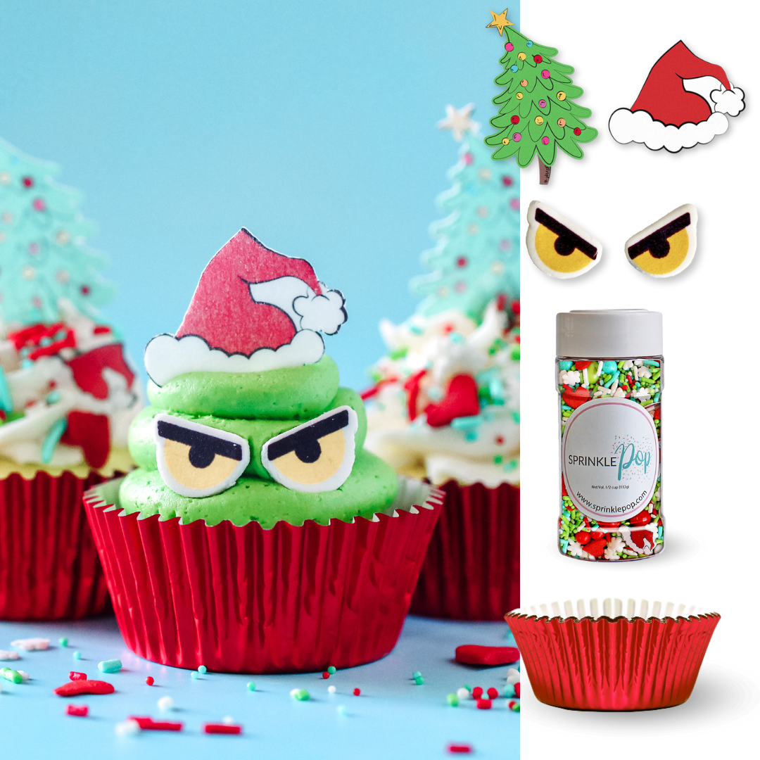 A delightful Christmas cupcake kit with a 4 oz jar of Merry Whatever Sprinkle Mix, 24 Crooked Christmas Edible Cupcake Toppers, 24 Mean One Royal Icing decorations, and 24 metallic red liners.
