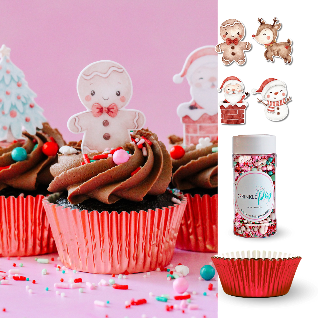 A Sweet Christmas Cupcake adorned with Sweet Christmas Edible Toppers and Pink Snowman Sprinkle Mix, wrapped in a Metallic Red Liner.