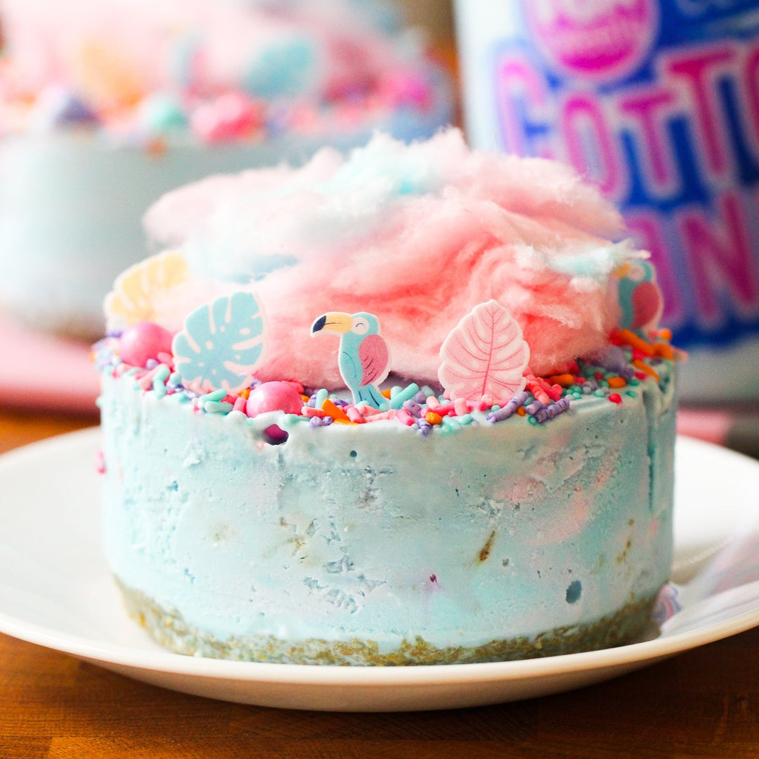 Cotton Candy no bake cheesecake topped with our limited edition Birds In Paradise Sprinkle Mix and cotton candy