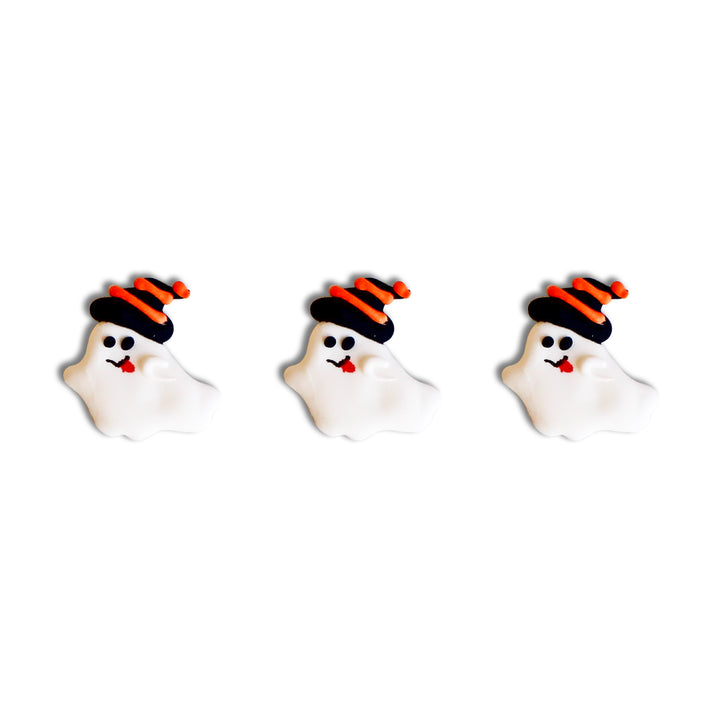 Kawaii Ghosts Royal Icing Decorations with cheerful ghosts wearing black and orange hats.